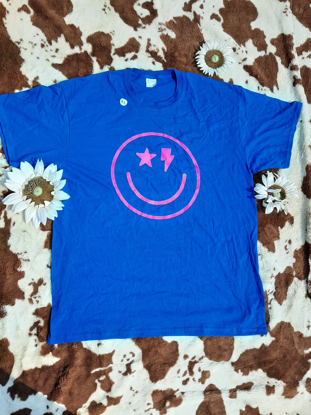 Blue Short Sleeve Tee with Pink Smiley Graphic